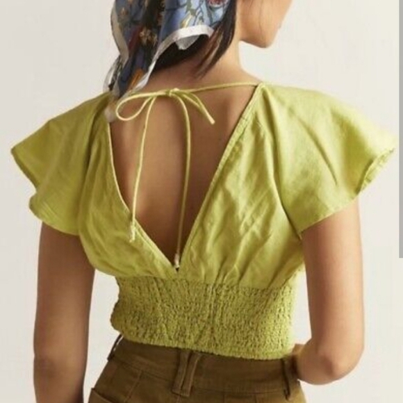 Anthropologie Linen Blend Twist Front Smocked Waist Deep V Plunge Neckline Crop - Picture 2 of 7